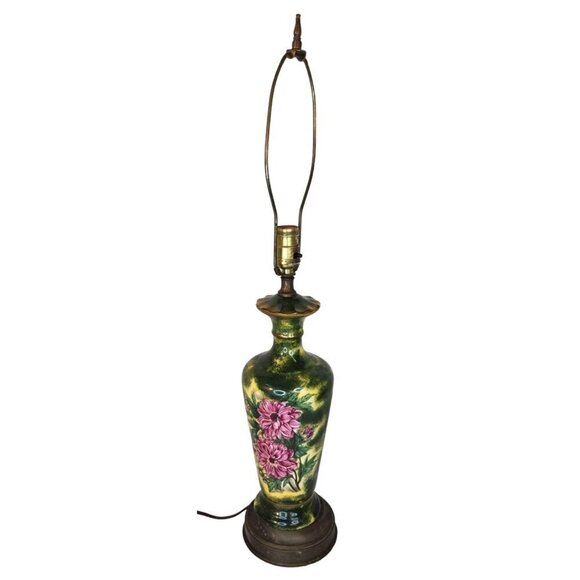 Vintage Tall Table Lamp With Brass Base Hand-Painted Floral Ceramic original fin - Picture 1 of 16